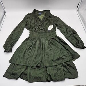 Scoop Ruffle Mini Satin Dress Kombu Green Smocked Waist Tiered Skirt Size S 4-6